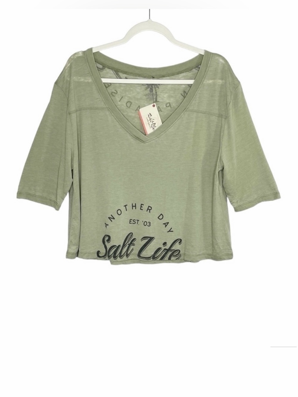 Salt Life Another Day In Paradise Burnout Boxy‎ T-Shirt V-Neck Green NWT